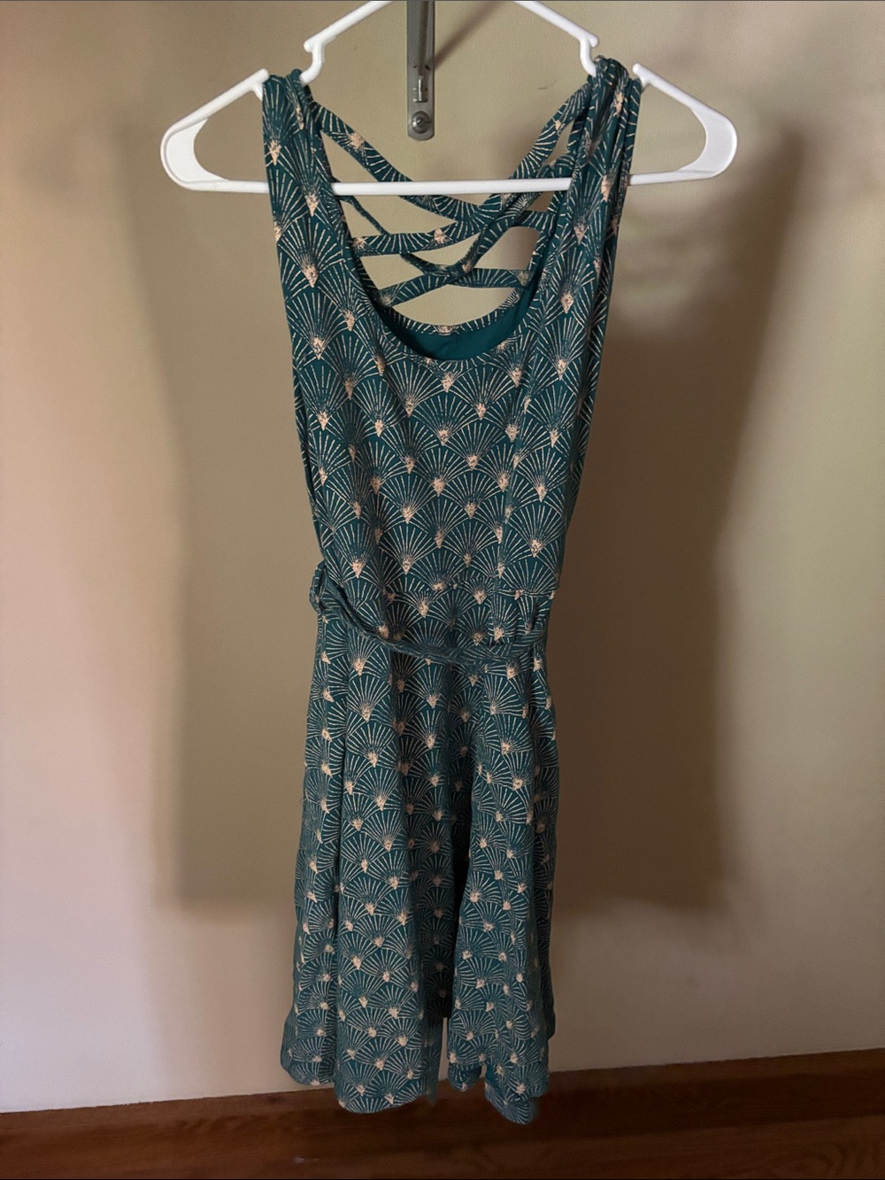 Effie's Heart Teal Mini Dress with Cream Fan Print